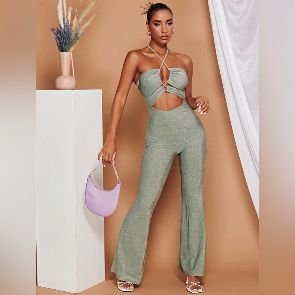 Mint Sage Glittery Green GoGo Retro Halter Jumpsuit Disco Bachelorette Outfit